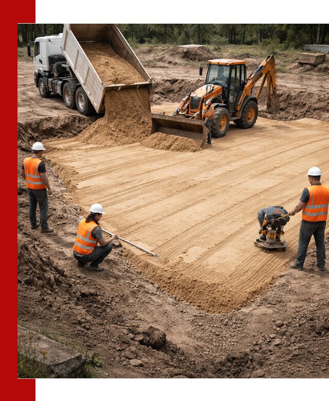 Устройство песчаной подушки для фундаментов и дорог в Тихвине